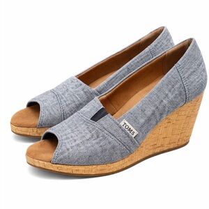 Toms Gray Chambray Cork Wedge Peep-Toe Shoes